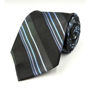 Merona Striped 100% Silk Tie Mens Black Blue Silver Necktie 58.5"L